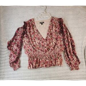 STATEMENT SLEEVE Feminine Top Pink Purple Floral Wrap Chiffon Blouse L 38 40 bst